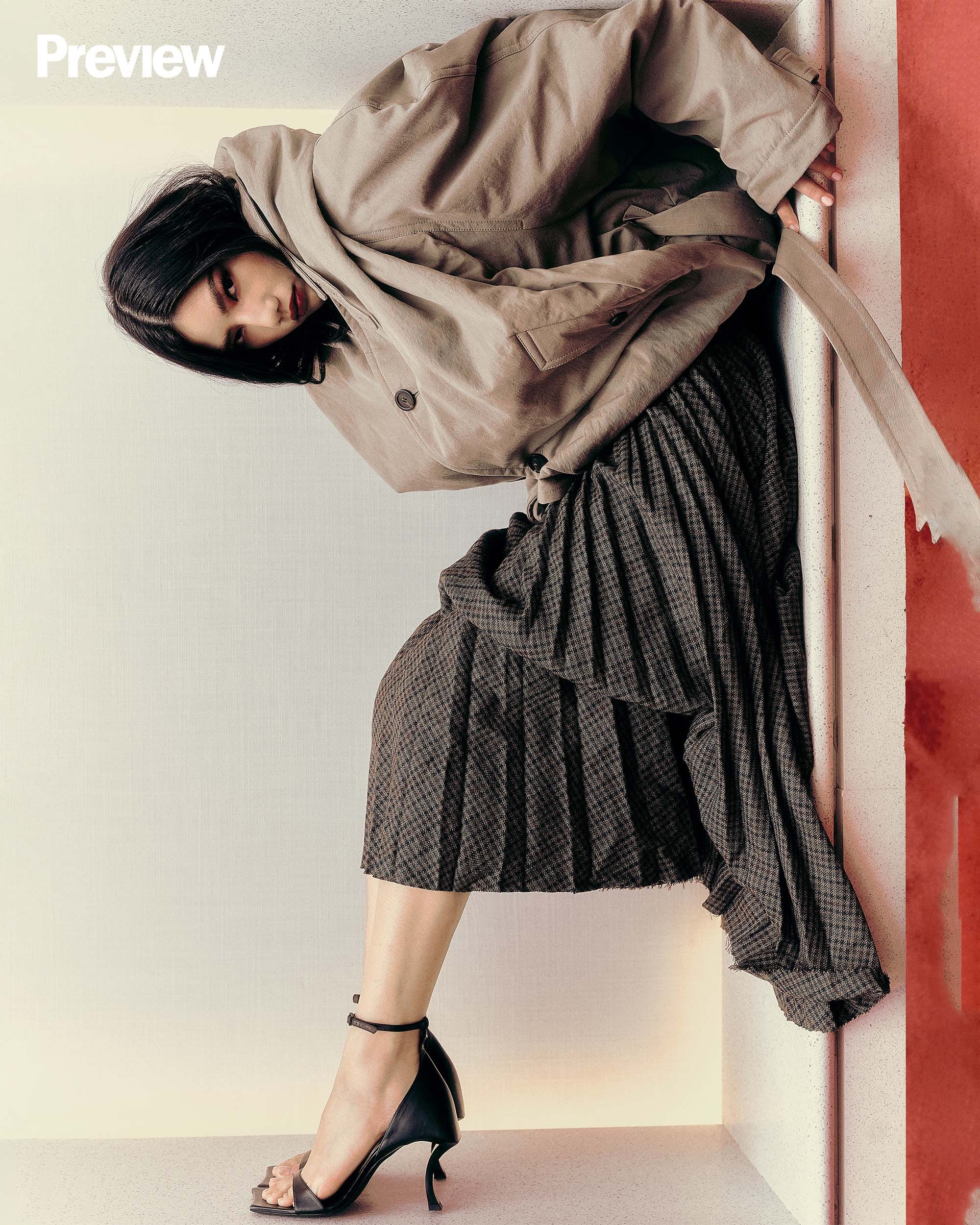 ON FRANCHESKA: Hooded trench - Dark beige/Black, P263,500. Pleated skirt - Khaki/Navy, P242,500. Hourglass sandal, P82,500, BALENCIAGA, Greenbelt 4.